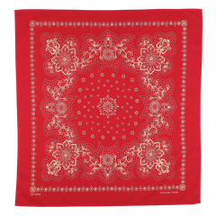 The Bright Red Cotton Paisley Printed Bandana from Universal Works is a versatile accessory, featuring a white paisley pattern with intricate designs throughout.