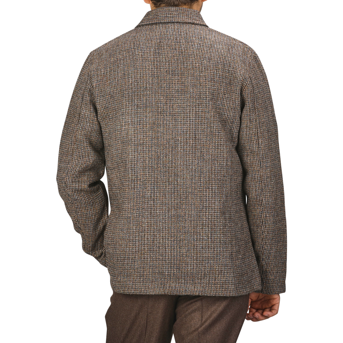 A person wearing a Brown Melange Harris Tweed Bakers C Jacket by Universal Works seen from the back.