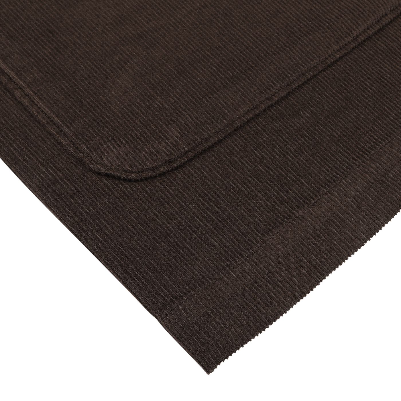 Close-up of a folded Dark Brown Fine Corduroy Bakers Overshirt from Universal Works, showcasing its ribbed texture, carefully arranged on a flat white surface.