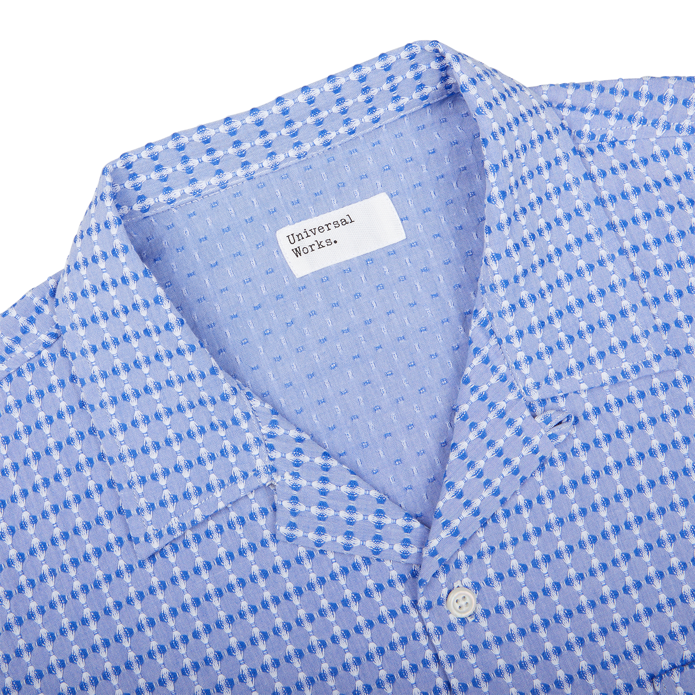 A Light Blue Cotton Camp Collar Road Shirt with a checkered pattern from Universal Works.