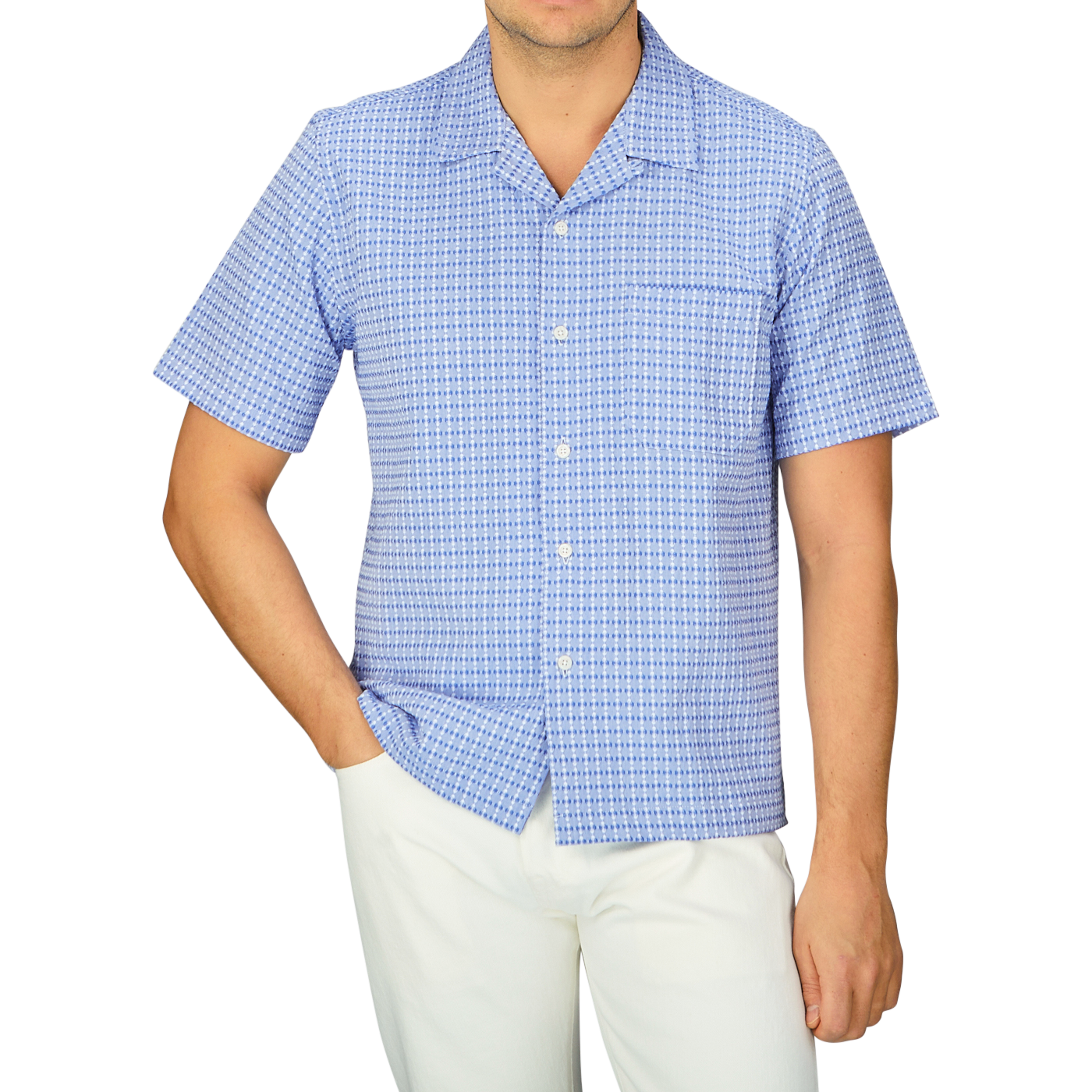 Men's Light Blue Cotton Camp Collar Road Shirt by Universal Works.