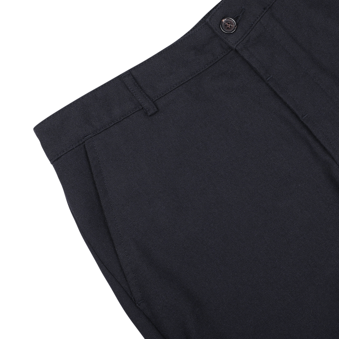 Close-up image of a pair of Navy Blue Upcycled Tweed Military Chinos by Universal Works, showcasing the waistband, button, and pleated front detail.