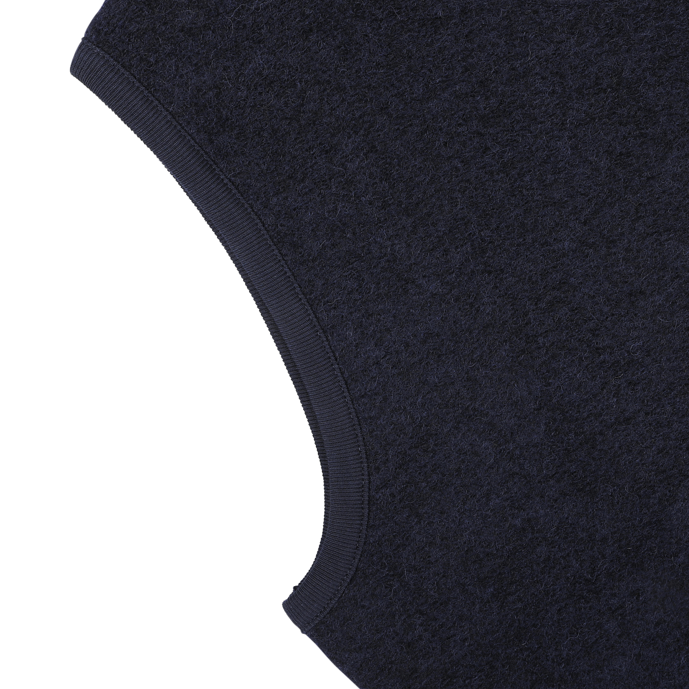 Close-up of a navy blue woolen fabric, showing part of an armhole with a ribbed trim. The texture of this Navy Blue Wool Fleece Zip Waistcoat by Universal Works is fuzzy with a soft appearance.