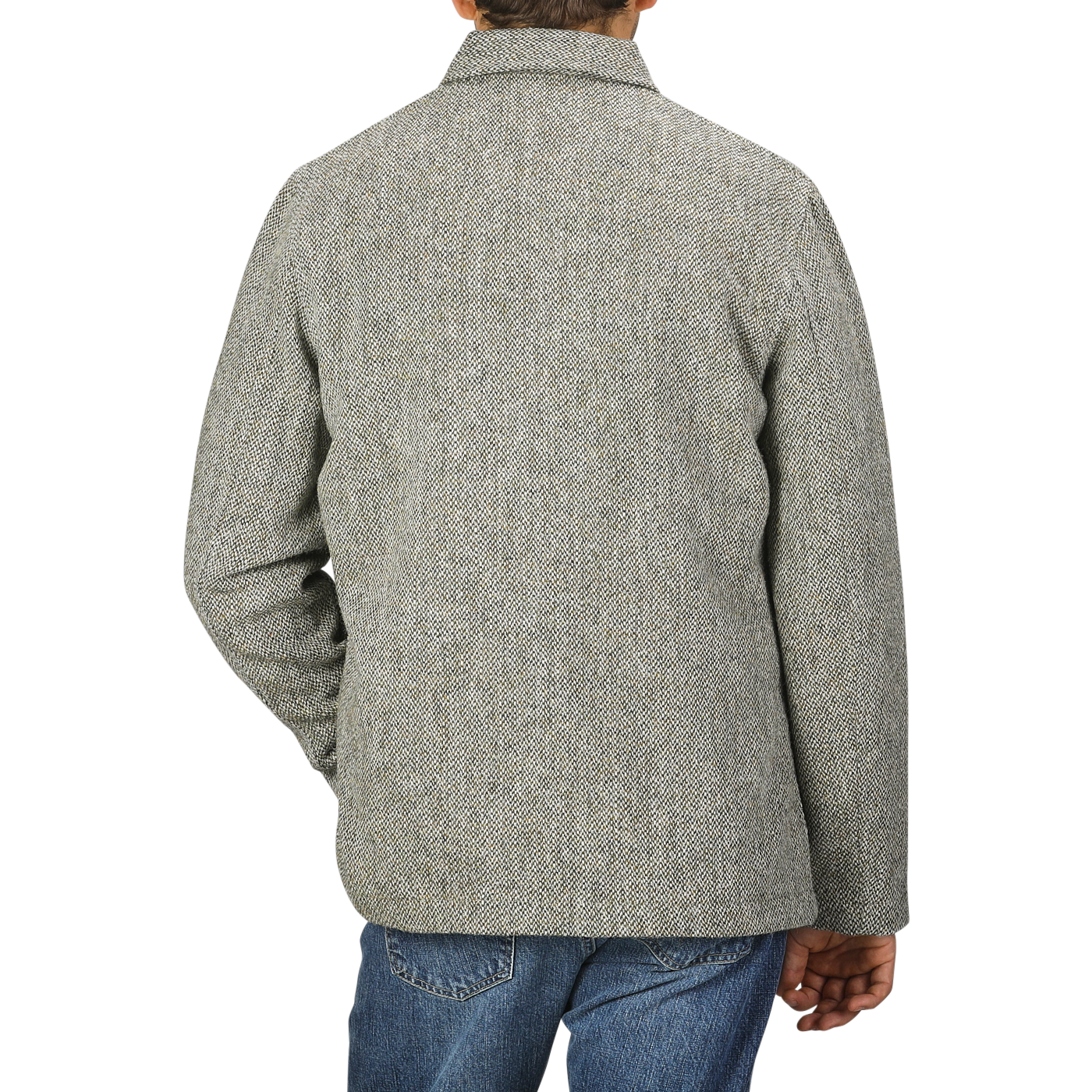 A person wearing an Olive Melange Harris Tweed Bakers C Jacket by Universal Works and blue jeans, viewed from the back against a plain background.