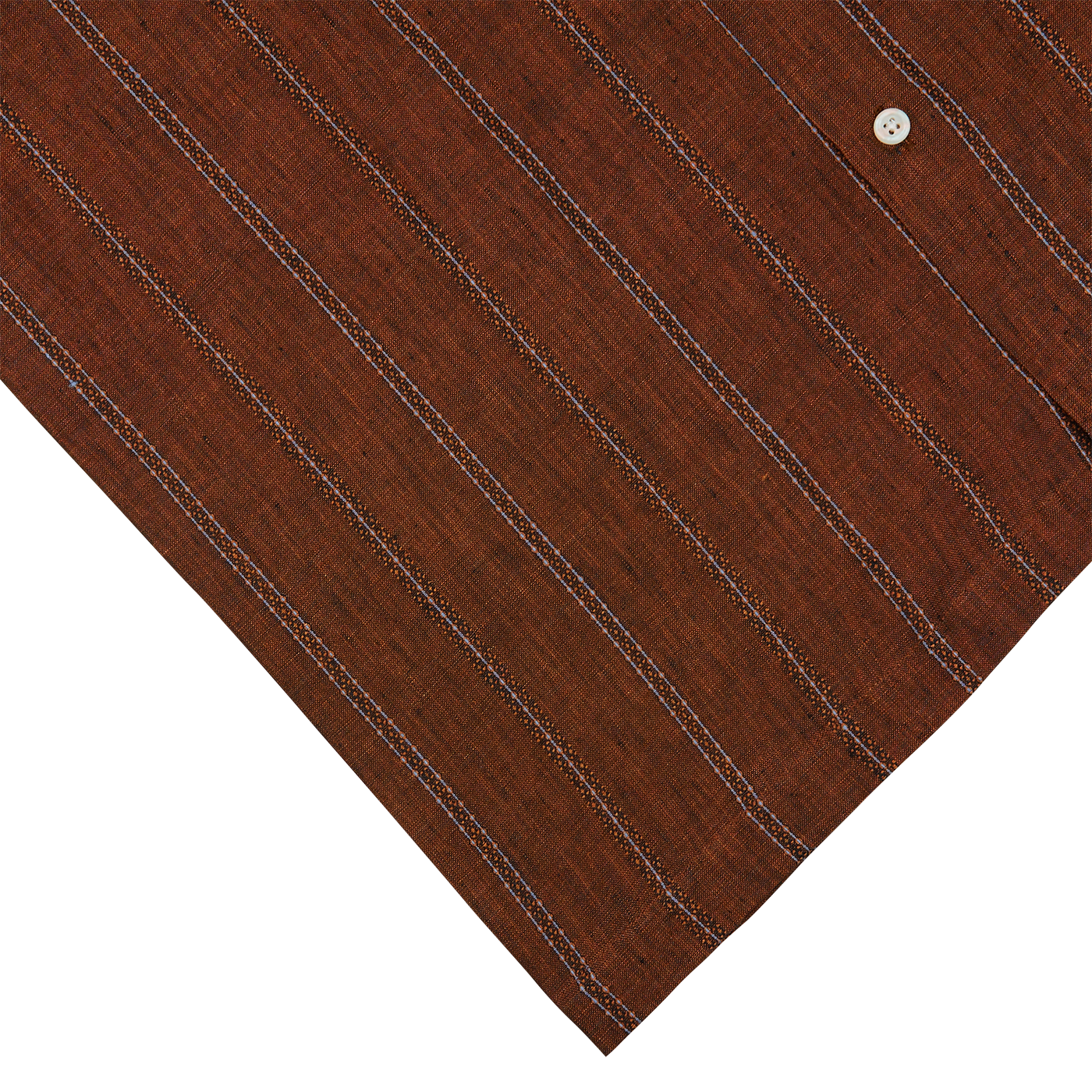 An image of a rust brown striped Universal Works Linen Road camp collar shirt on top of a white background.