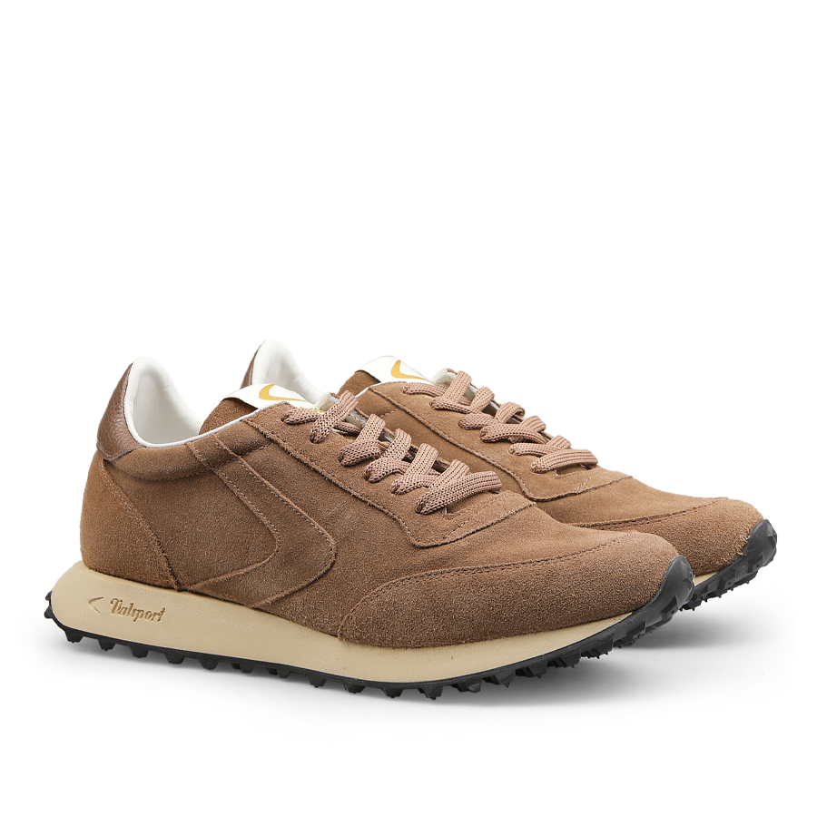 The Beige Suede Leather Start City Sneakers by Valsport feature a brown suede upper with beige soles and laces, enhanced by a black tread for a retro runner vibe.