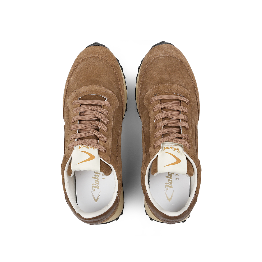 Top view of a pair of Valsport Beige Suede Leather Start City Sneakers with brown suede uppers, beige laces, and white labels on the tongue, placed side by side.