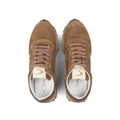 Top view of a pair of Valsport Beige Suede Leather Start City Sneakers with brown suede uppers, beige laces, and white labels on the tongue, placed side by side.