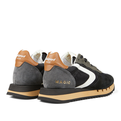 A pair of gray and black Valsport Black Leather Nylon Run30 Magic sneakers with white accents and tan heels, featuring the text "support" and "magic.