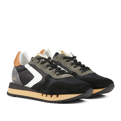 A pair of Black Leather Nylon Run30 Magic sneakers by Valsport with white accents and brown soles.