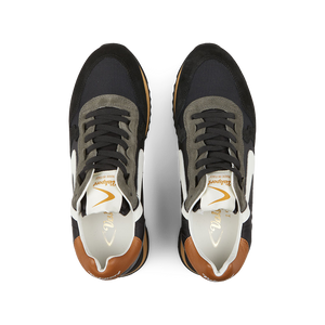 A top-down view of a pair of Valsport Black Leather Nylon Run30 Magic sneakers with white soles and laces.