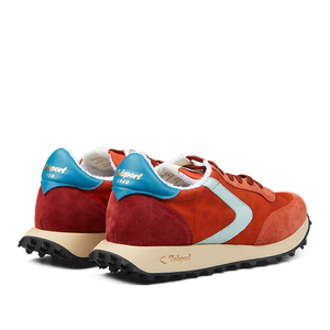 A pair of retro-style Valsport Bright Orange Nylon Suede Heritage Sneakers with red suede and blue accents, showcasing Italian craftsmanship.