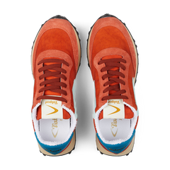 A pair of red and blue Valsport Bright Orange Nylon Suede Heritage sneakers viewed from above.