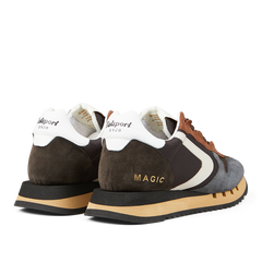 A pair of Dark Brown Leather Nylon Run30 Magic sneakers by Valsport, showcasing "magic" and "1920" on the heel tabs, against a neutral background.