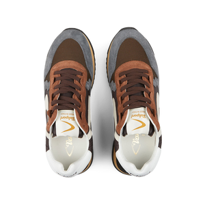 A pair of colourful Dark Brown Leather Nylon Run30 Magic sneakers with brown laces viewed from above by Valsport.
