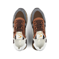 A pair of colourful Dark Brown Leather Nylon Run30 Magic sneakers with brown laces viewed from above by Valsport.