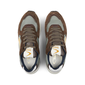 A pair of outdoor dark brown leather nylon sneakers with Vibram laces by Valsport viewed from the top.