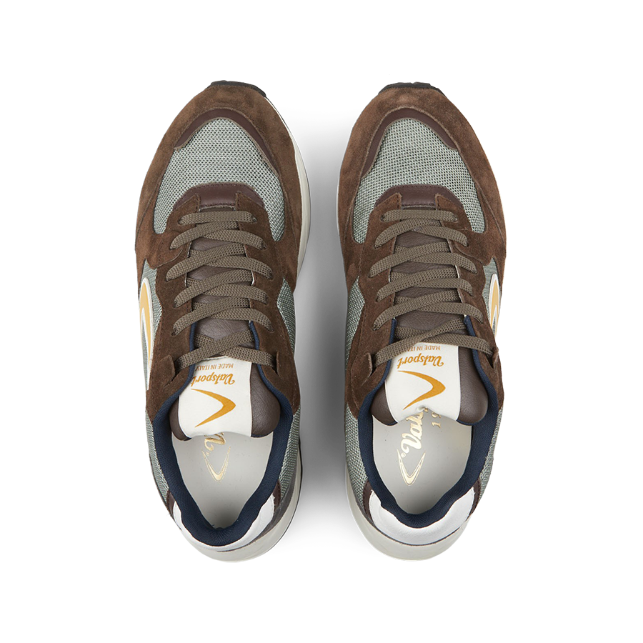 A pair of outdoor dark brown leather nylon sneakers with Vibram laces by Valsport viewed from the top.