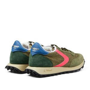 A pair of military green nylon suede Heritage sneakers by Valsport with a pink swoosh logo and blue heel tab.