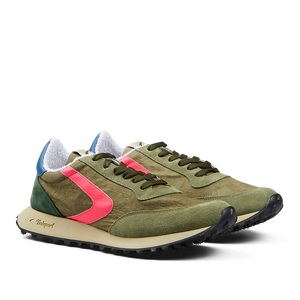 A pair of military green nylon suede heritage sneakers by Valsport with red accents and white soles.