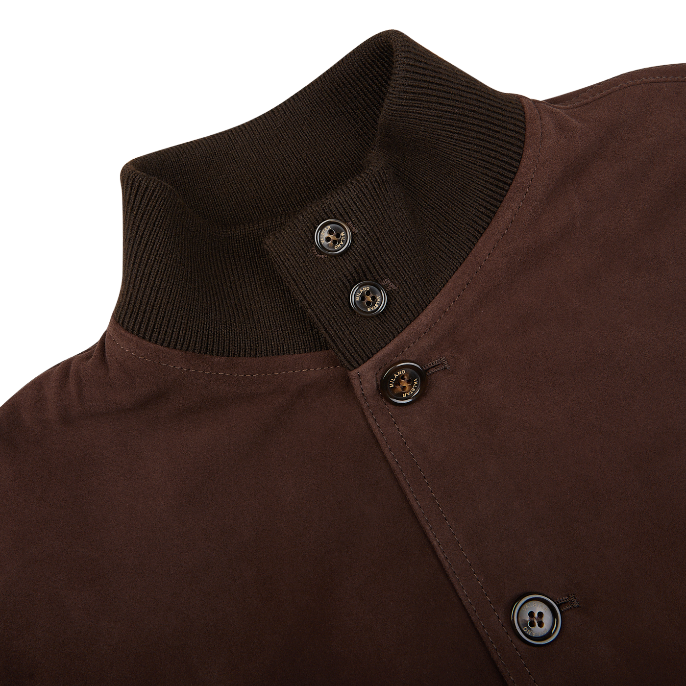 Dark Brown Suede Leather Valstarino Jacket by Valstar with ribbed collar and button placket.
