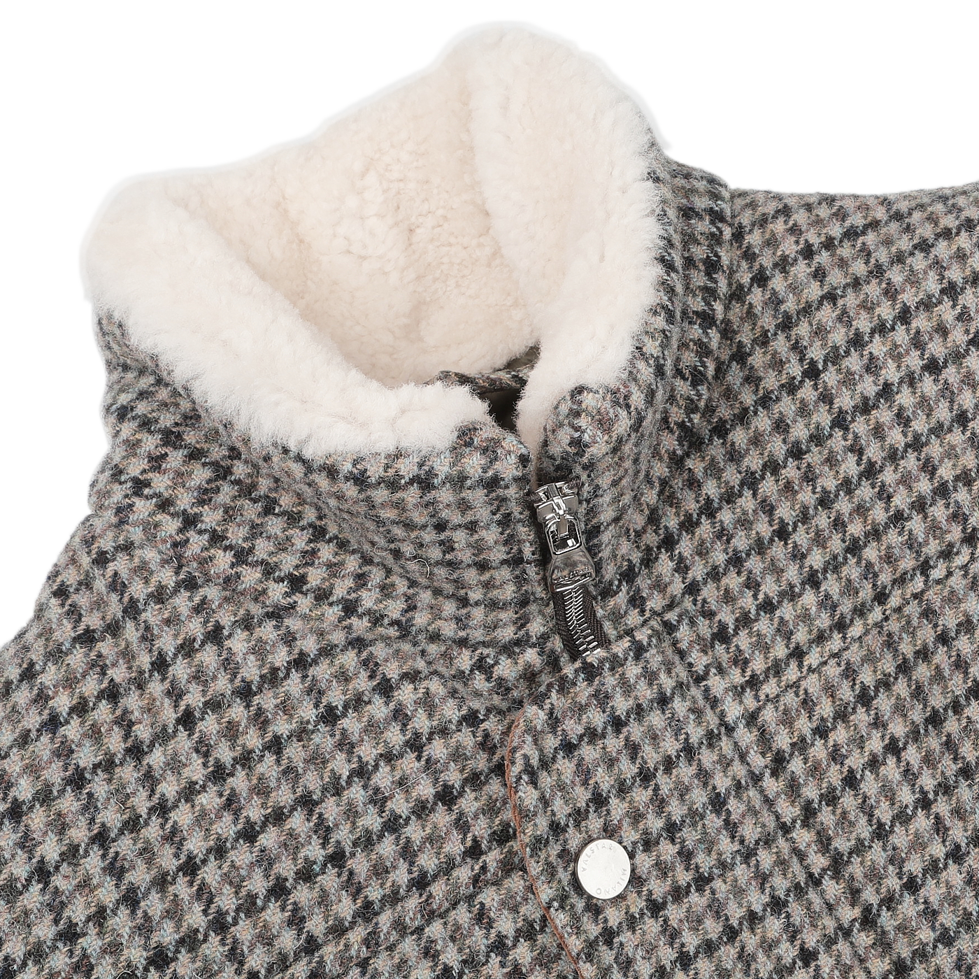 Close-up of the Valstar Green Houndstooth Wool Tweed Padded Gilet with a cozy, white shearling collar. The gilet features a zipper and snap button closure.