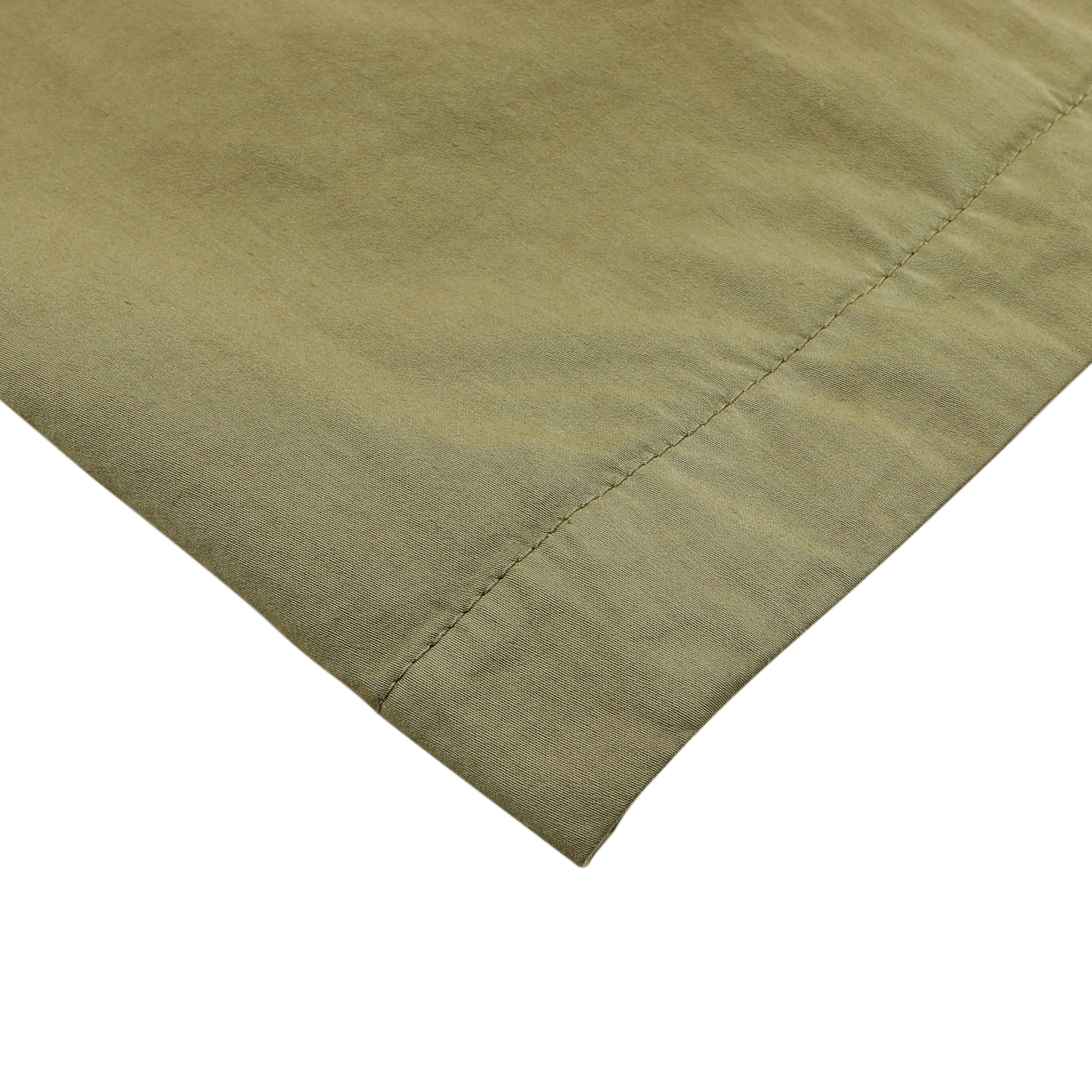 A close-up of a khaki fabric napkin on a white surface, highlighting hem and stitch details reminiscent of Valstar's Green Soft Cotton Nylon Coach Jacket's refined elegance.