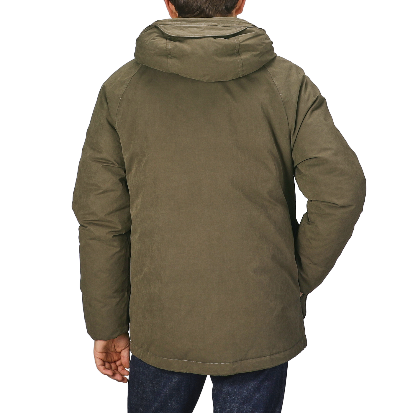 A person in a back-facing view is wearing the Valstar Green Waxed Cotton Down Padded Archive Jacket against a gray background.