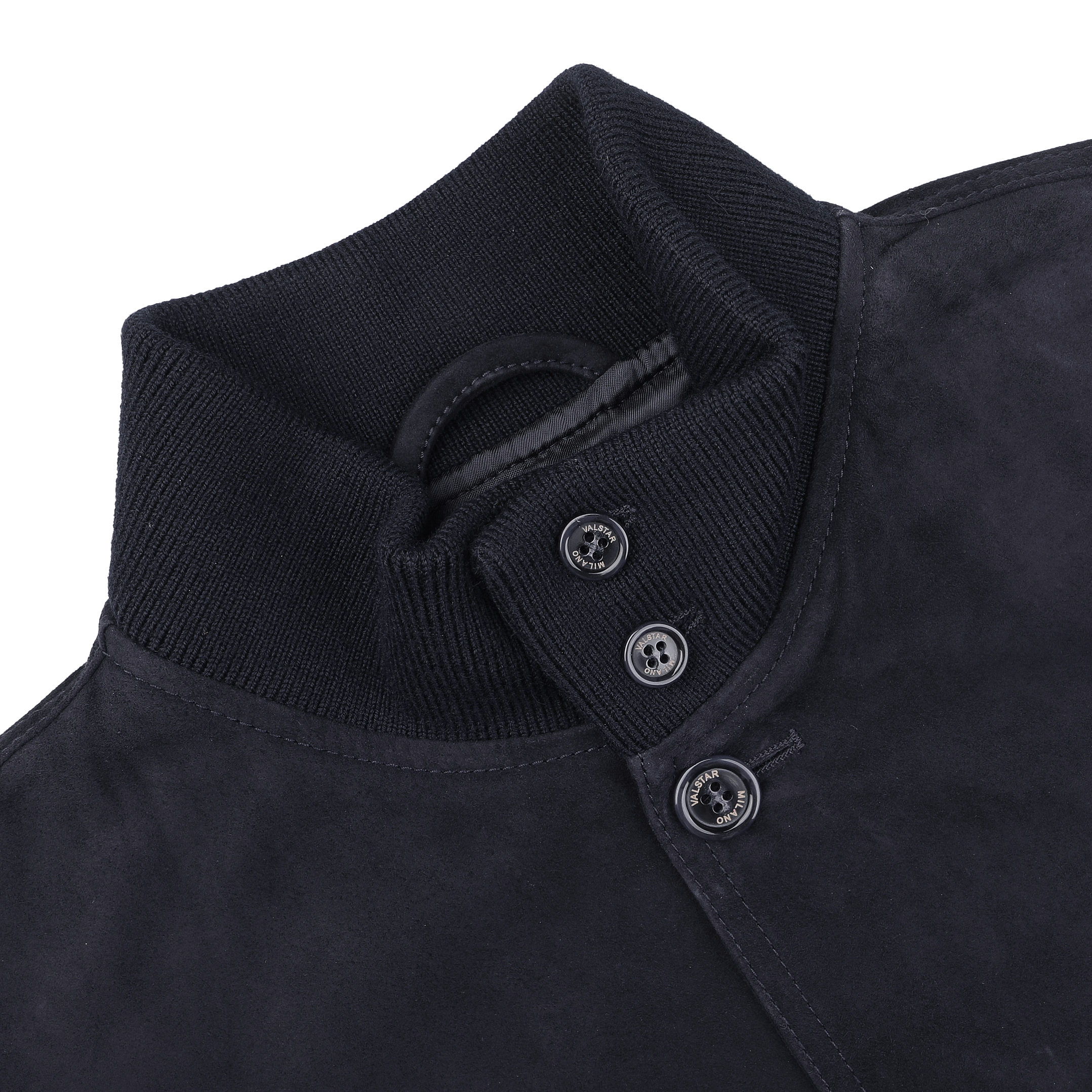 Close-up of a navy blue suede leather Valstarino jacket by Valstar, showcasing a ribbed collar and three black buttons.