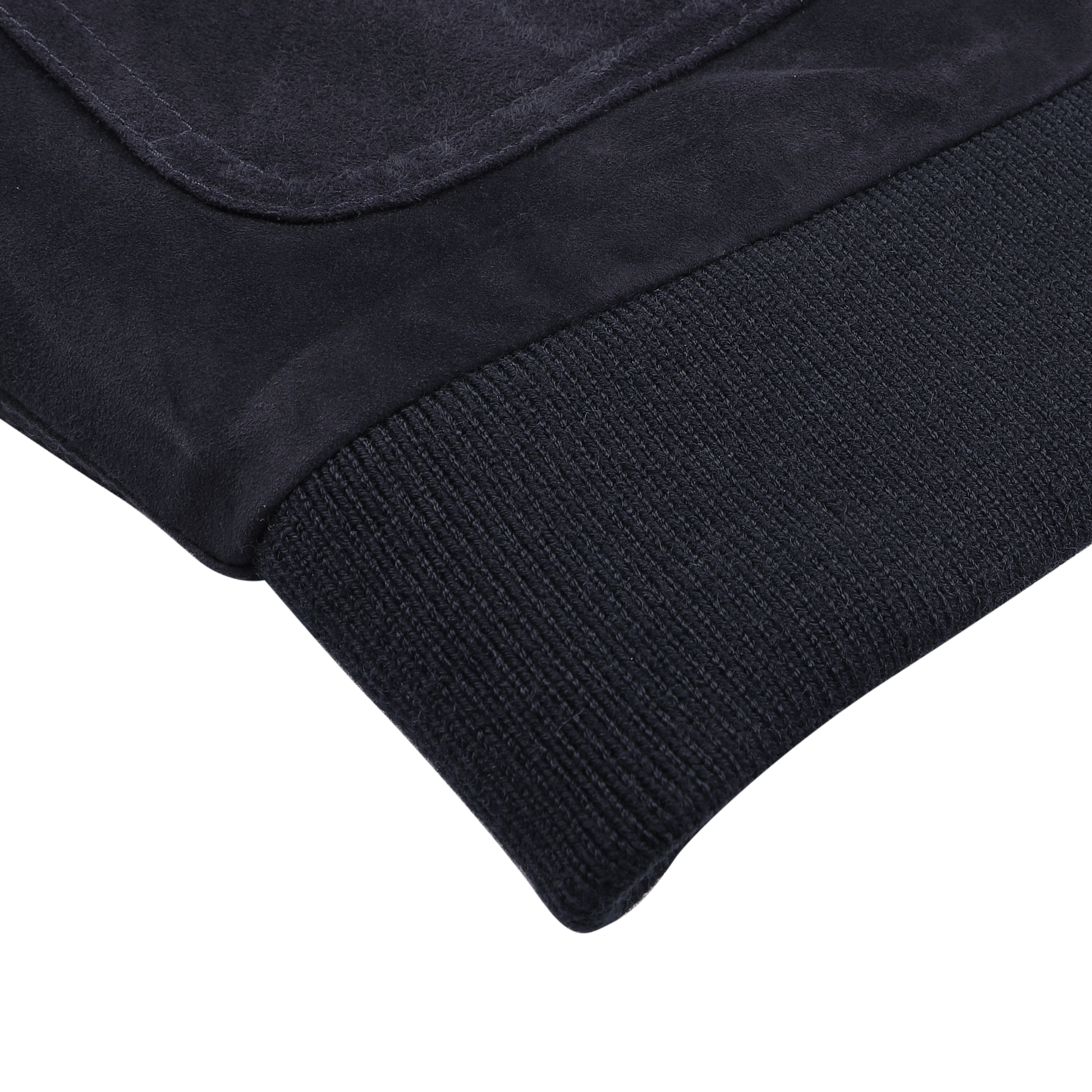 Close-up of a navy blue suede leather Valstarino jacket by Valstar, featuring a ribbed cuff and patch pocket detail on smooth fabric, inspired by the classic A-1 pilot jacket.