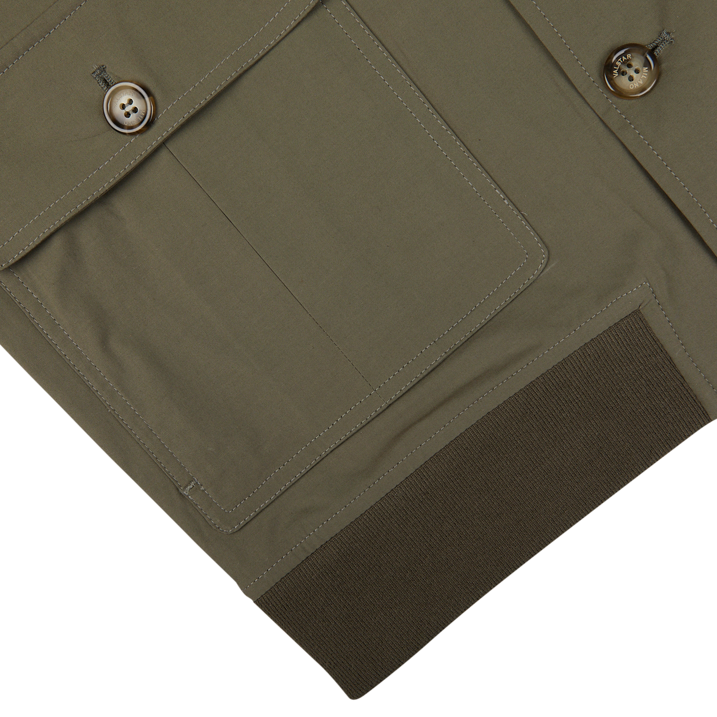 Detail of olive green Cotton Ripstop Valstarino jacket with buttoned pocket and ribbed cuff.