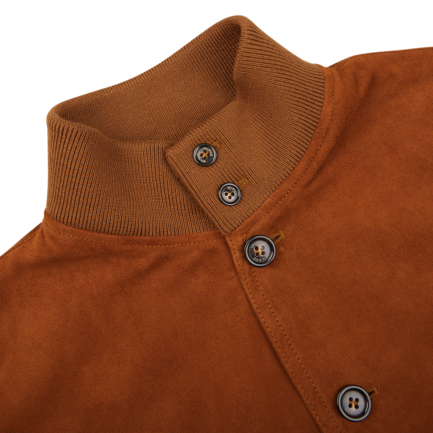 Close-up of a brown Valstarino buttoned shirt with a textured collar.