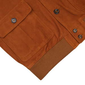 Sandal Brown Suede Leather Valstarino jacket from Valstar with buttons and ribbed cuffs on a white background.