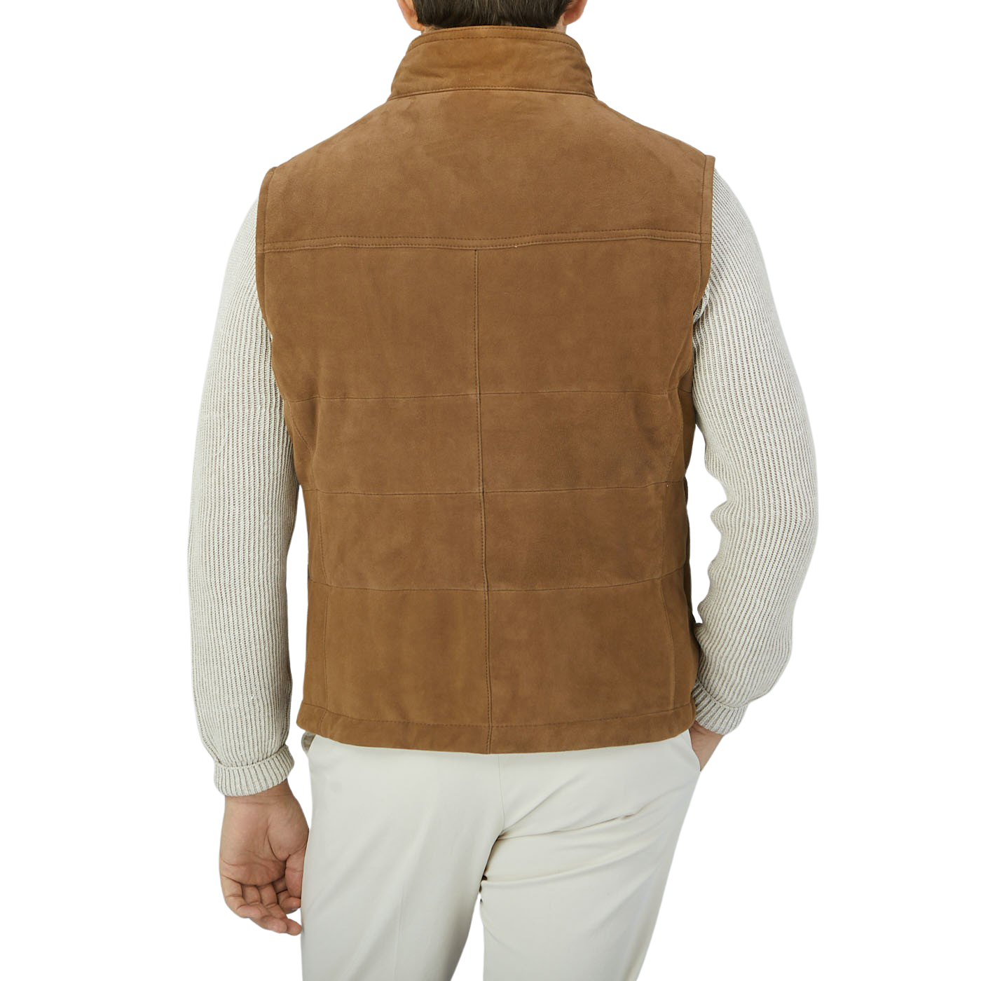 Werner Christ Tobacco Brown Suede Leather Alberto Gilet, wearing a suede leather vest with Primaloft technical padding.