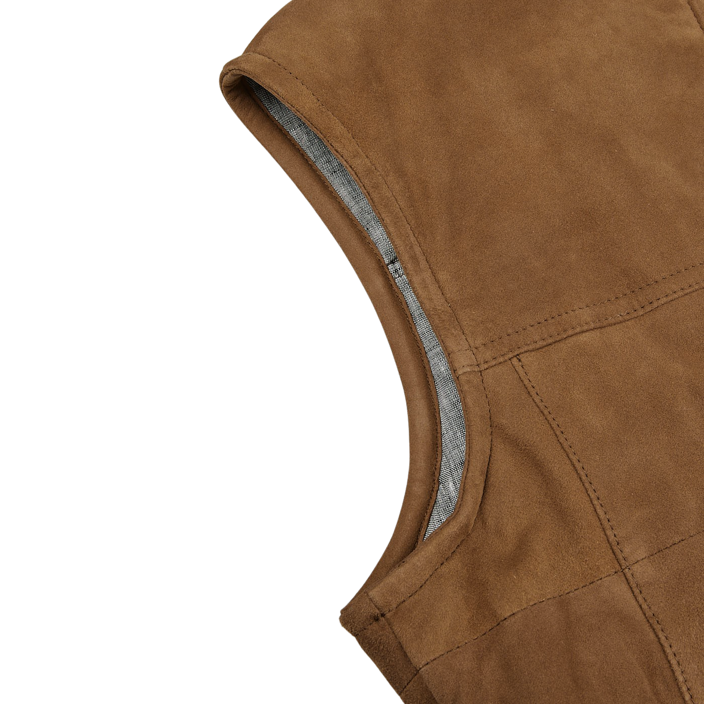 A Tobacco Brown Suede Leather Alberto Gilet by Werner Christ on a white surface.