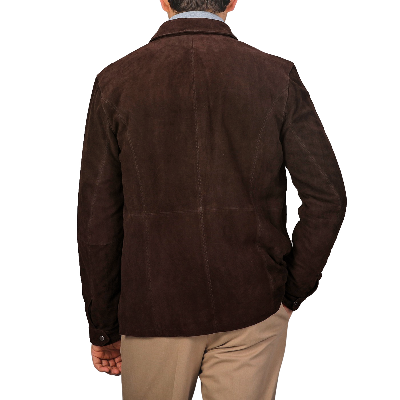 A person wearing a Werner Christ Dark Brown Suede Leather Amaro Shirt Jacket and beige pants faces away from the camera against a plain gray background.