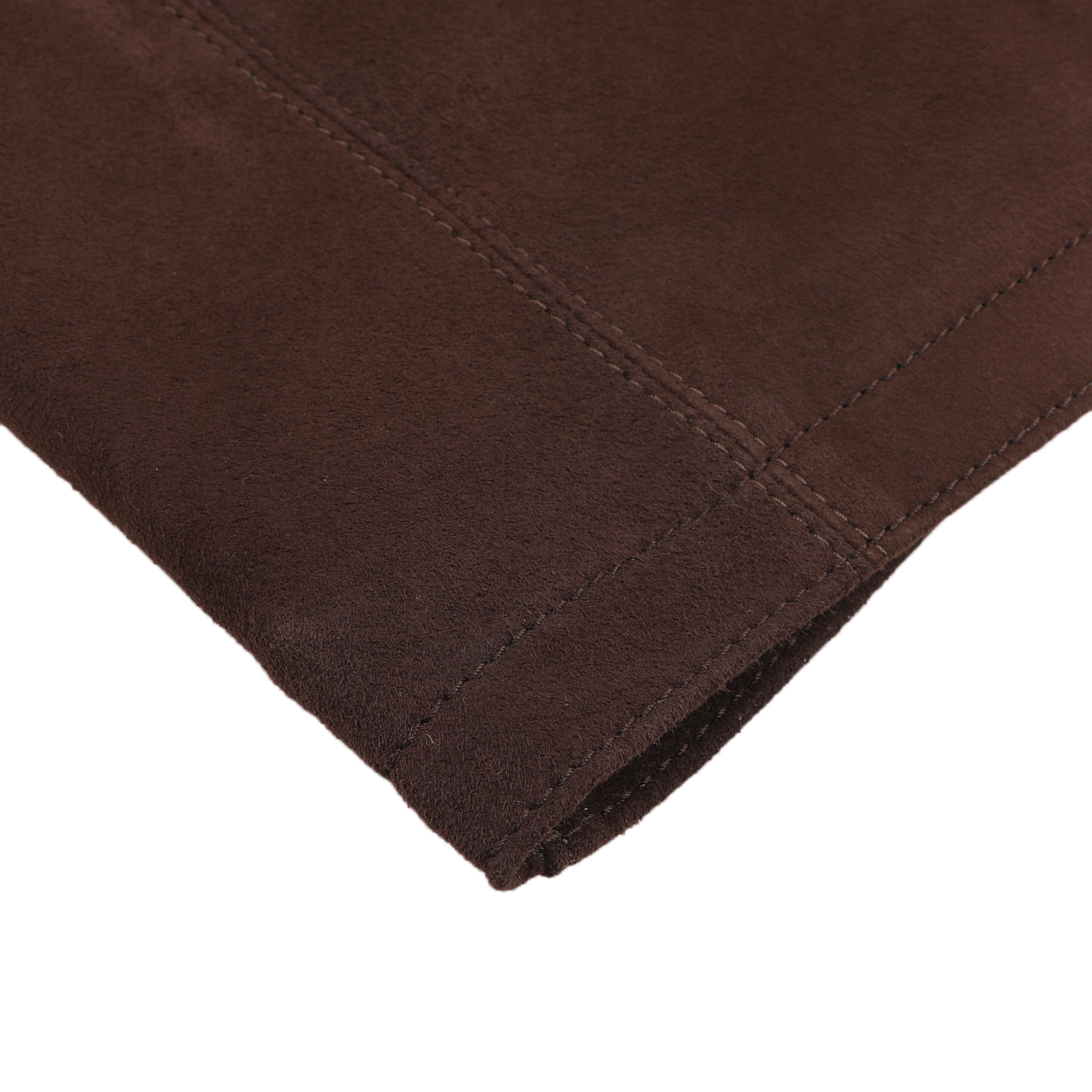 Close-up of the Dark Brown Suede Leather Amaro Shirt Jacket by Werner Christ, highlighting the brown suede goatskin fabric and visible stitching on a folded edge against a white background.