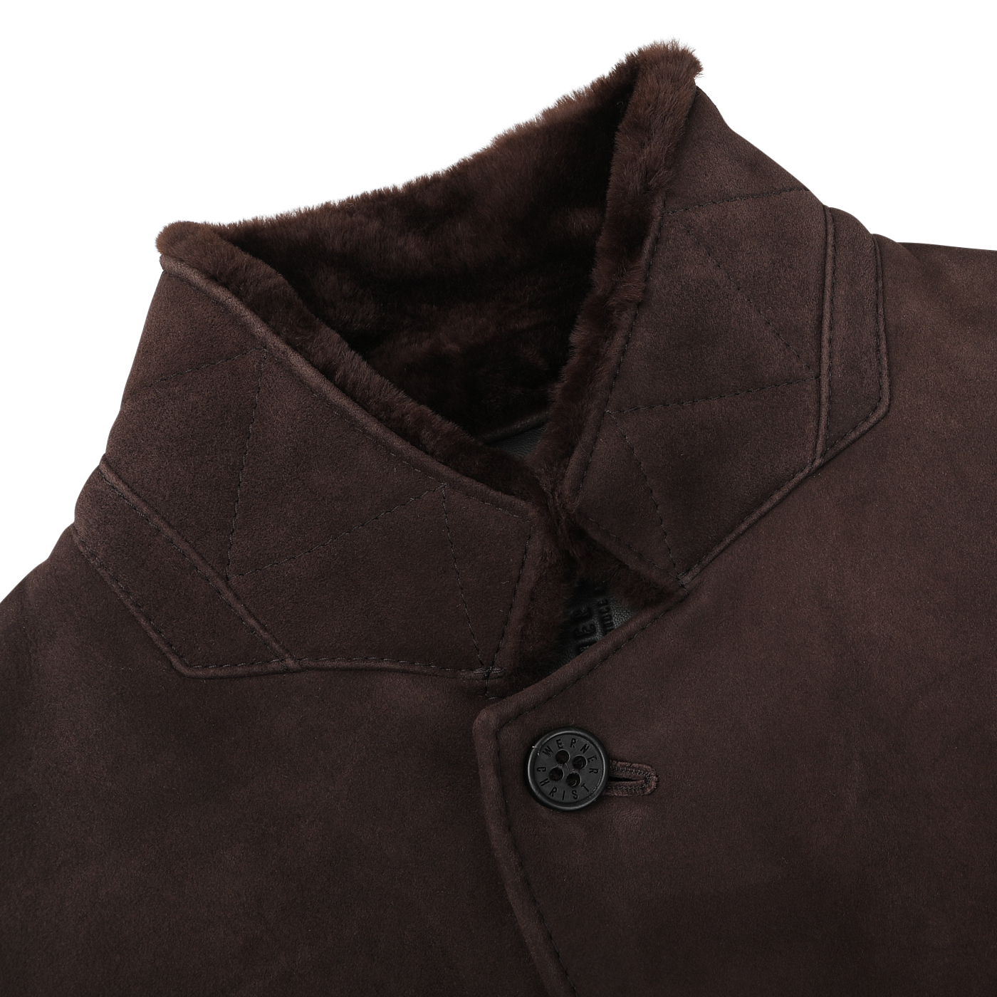 Close-up of the Werner Christ Dark Brown Suede Leather Blake Coat, featuring a button closure and plush inner lining, perfect for winter weather.