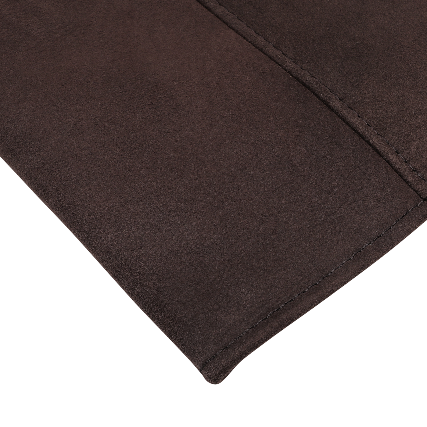 Close-up of the corner of a Dark Brown Suede Leather Blake Coat from Werner Christ, showcasing the seam and texture.