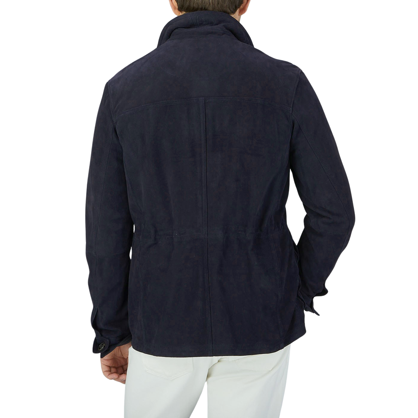 The back view of a man wearing a Werner Christ Navy Suede Anton Leather Jacket.