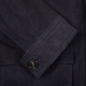A close up image of a slim fit Navy Suede Anton Leather Jacket made by Werner Christ.