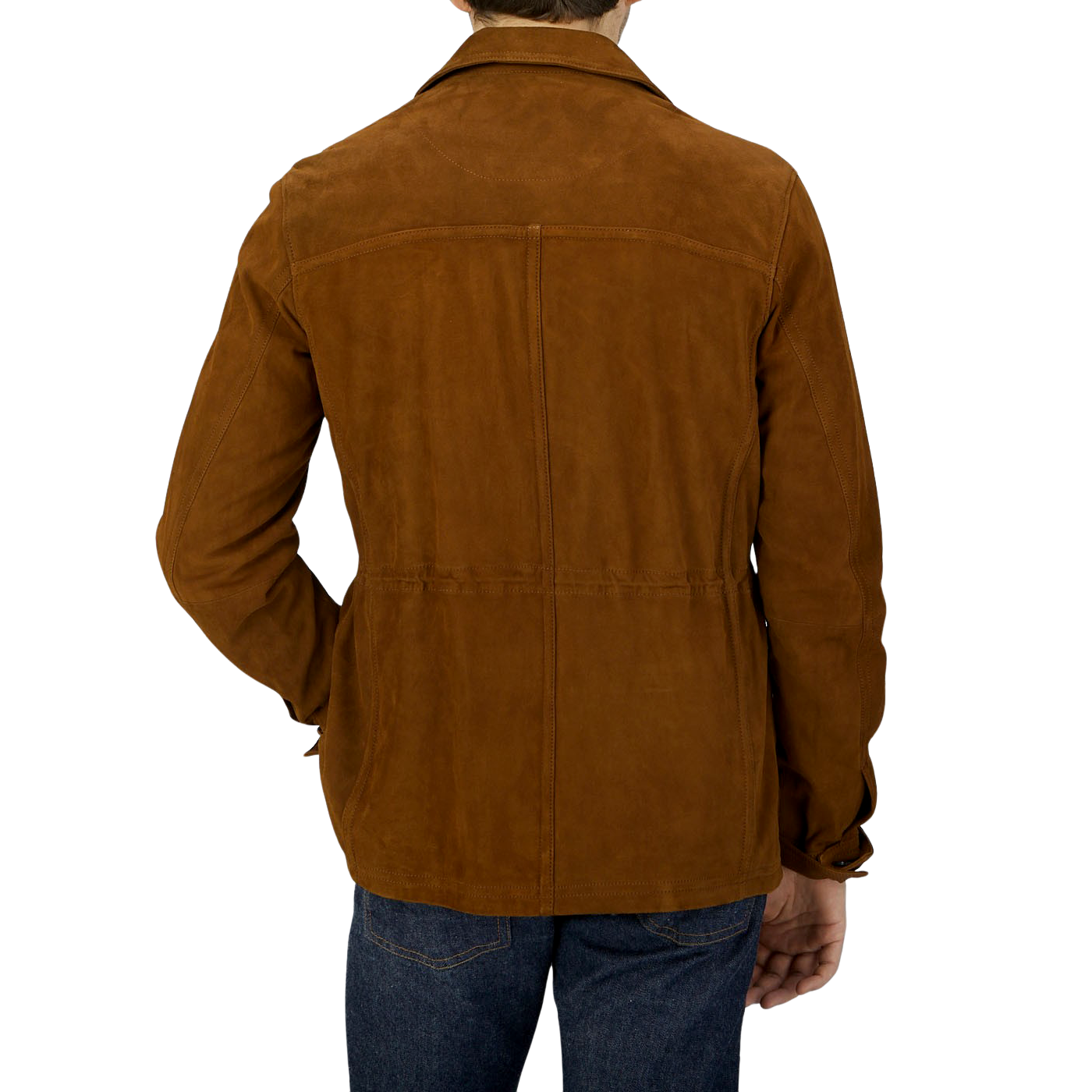 The back view of a man wearing a Werner Christ Sandalwood Suede Leather Anton Jacket.