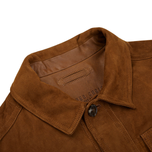 A close up of a Sandalwood Suede Leather Anton Jacket designed by leather specialist Werner Christ.