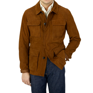 A man wearing a Sandalwood Suede Leather Anton jacket by Werner Christ.