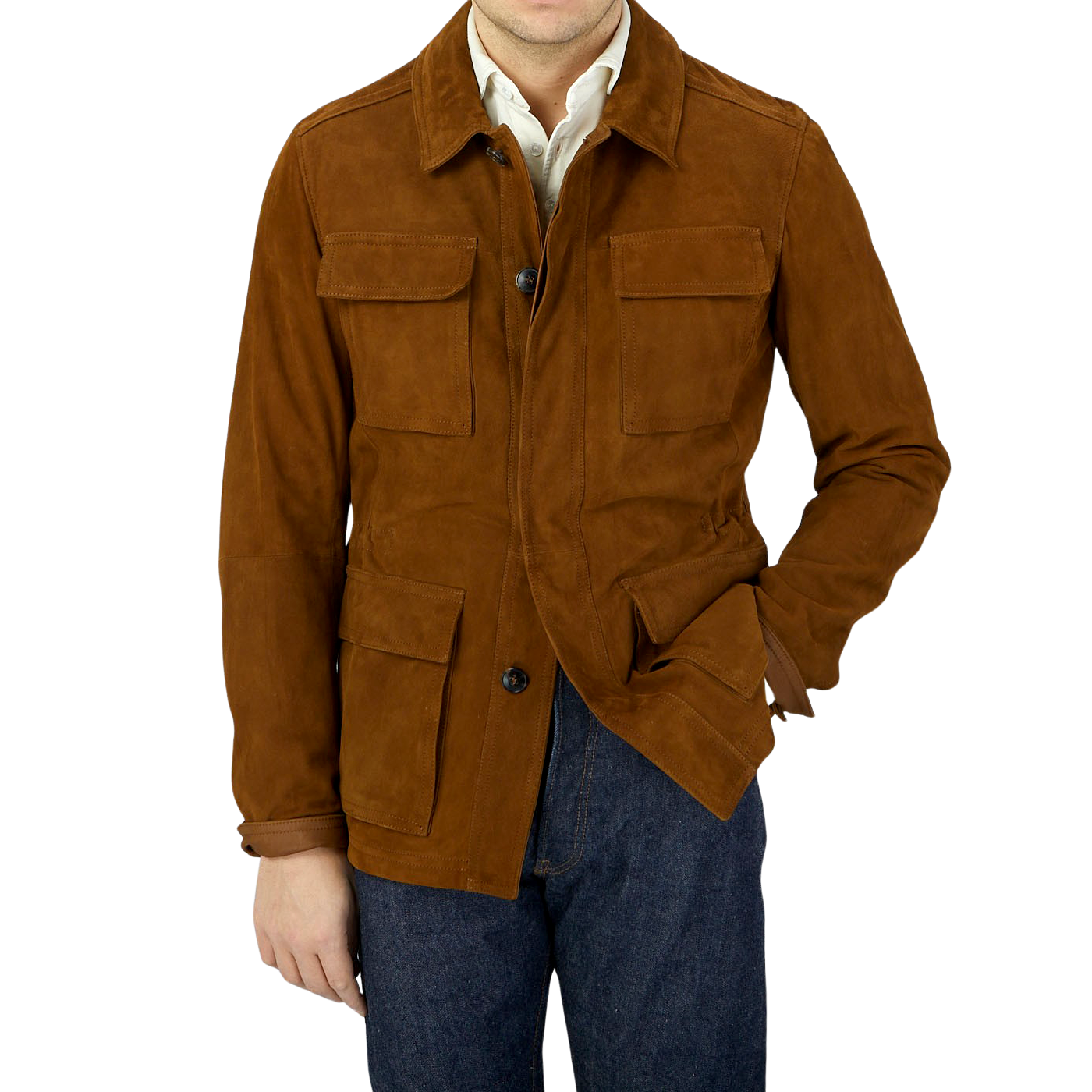 A man wearing a Sandalwood Suede Leather Anton jacket by Werner Christ.