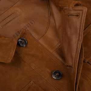 A close up image of a Sandalwood Suede Leather Anton Jacket by Werner Christ, a slim fit brown leather jacket.