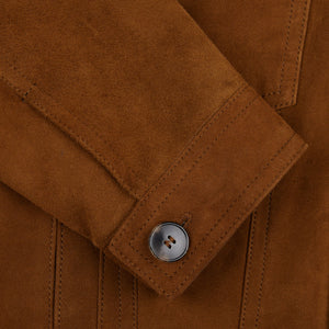 A close up of a Sandalwood Suede Leather Joshi jacket with buttons made by Werner Christ.