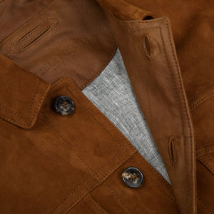 A close up of a Sandalwood Suede Leather Joshi Jacket by Werner Christ.