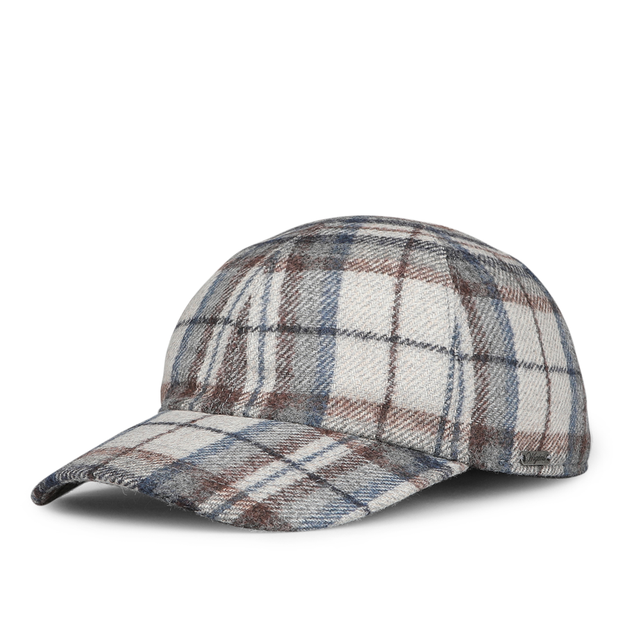 A Wigéns Beige Ferla Wool Checked Baseball Cap showcases a stylish pattern with a blend of white, brown, and blue shades.