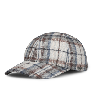 A Wigéns Beige Ferla Wool Checked Baseball Cap showcases a stylish pattern with a blend of white, brown, and blue shades.